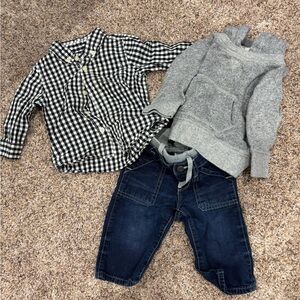 GAP Black and White Checkered Shirt with Gray Hoodie and Blue Jeans Set